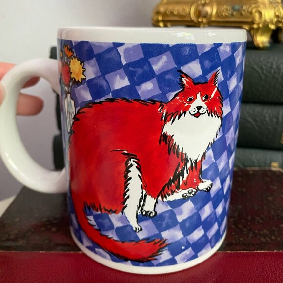 Vintage Fluffy Red Orange White Cat Flowers in Vase Painting Mug 80s 90s - Picture 1 of 4